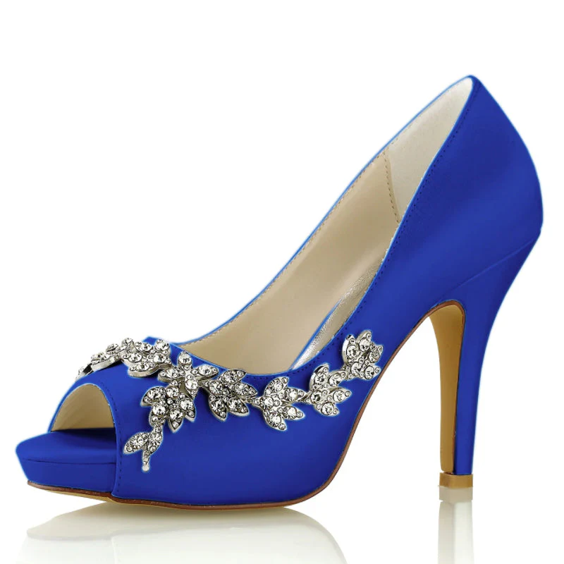 Women's Silk Satin With Rhinestone Peep Toe Stiletto Heel Evening Shoes - Image 11
