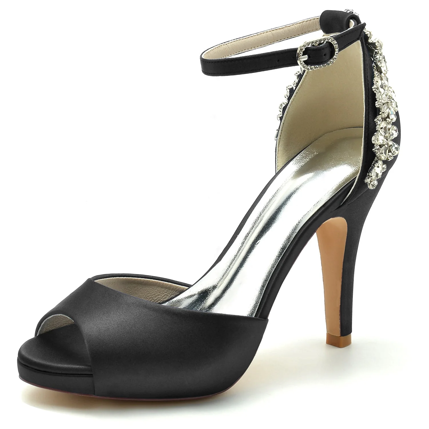 Women's Silk Satin With Rhinestone Stiletto Heel Peep Toe Ankle Strap Evening Shoes - Image 7
