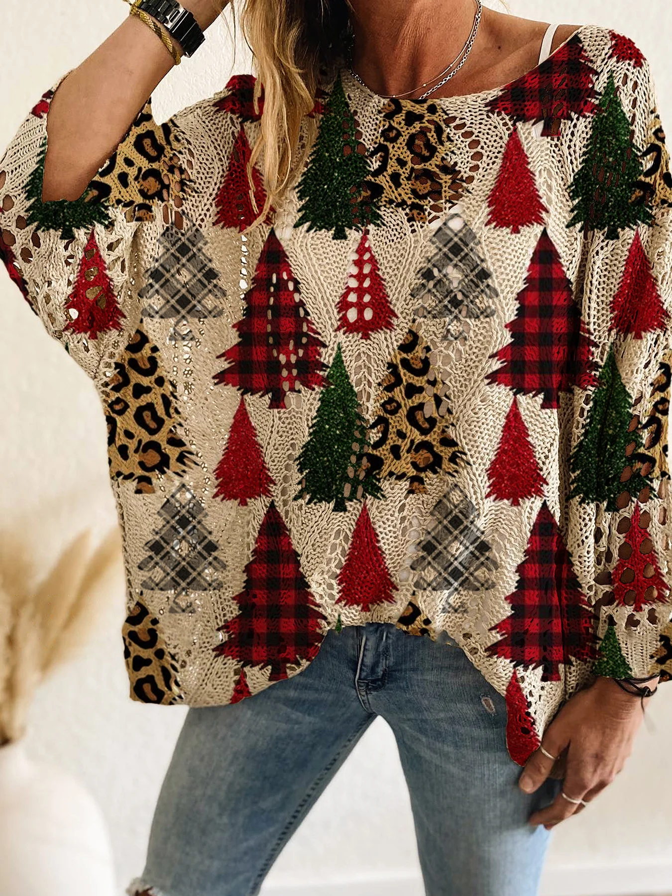 Women's Soft Crocheted Crew Neck Long Sleeves Christmas Sweater - Image 6