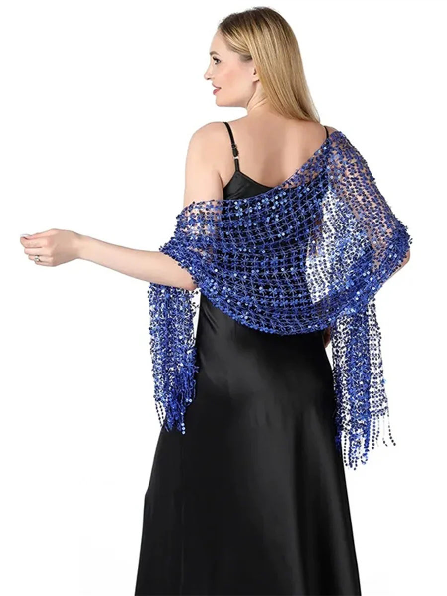 Women's Solid Colored Fringed Scarf Wedding Cape with Sequins - Image 7