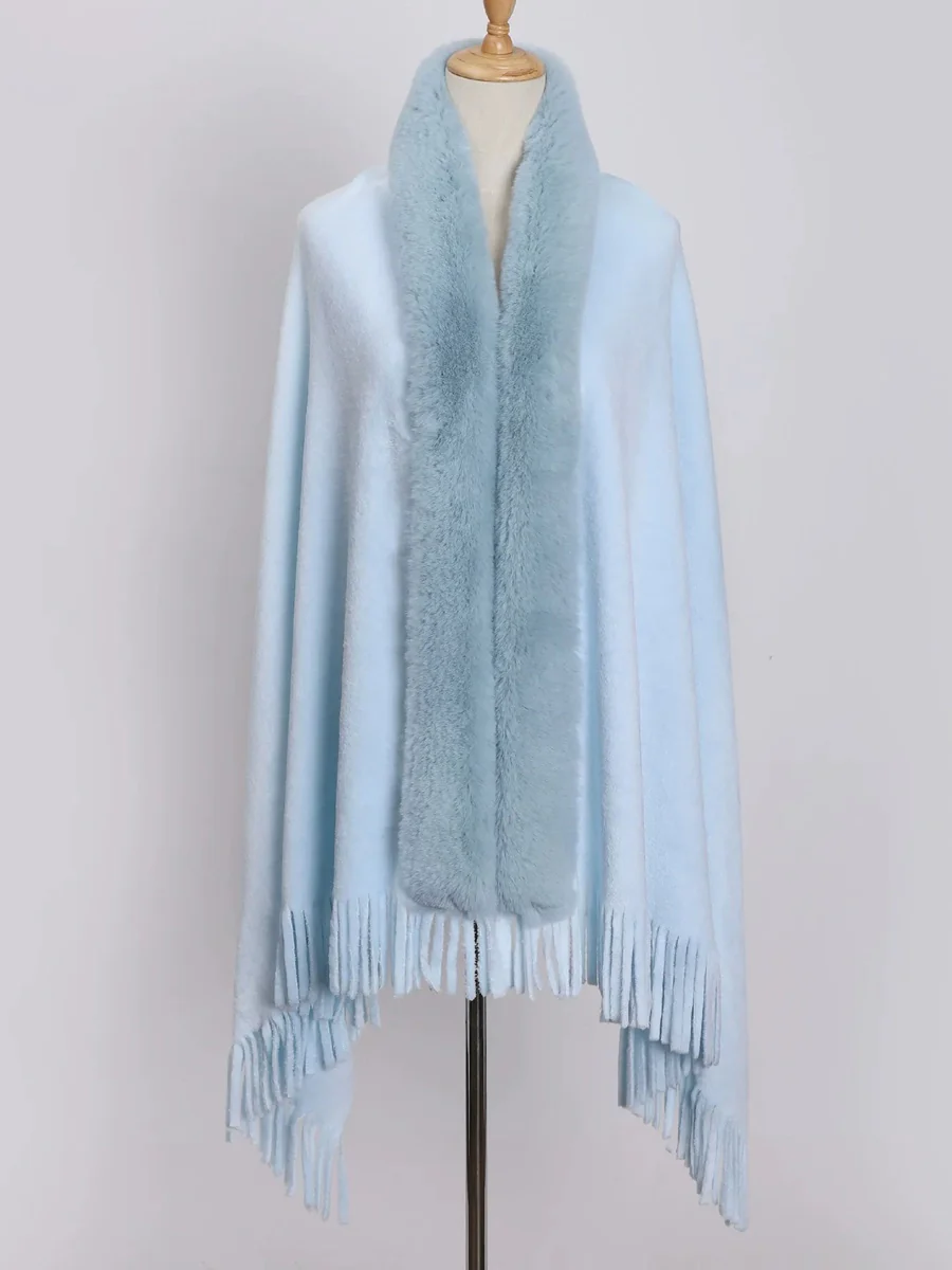 Women's Solid Colored Fur Warm Soft Shawl Cape with Tassels - Image 9