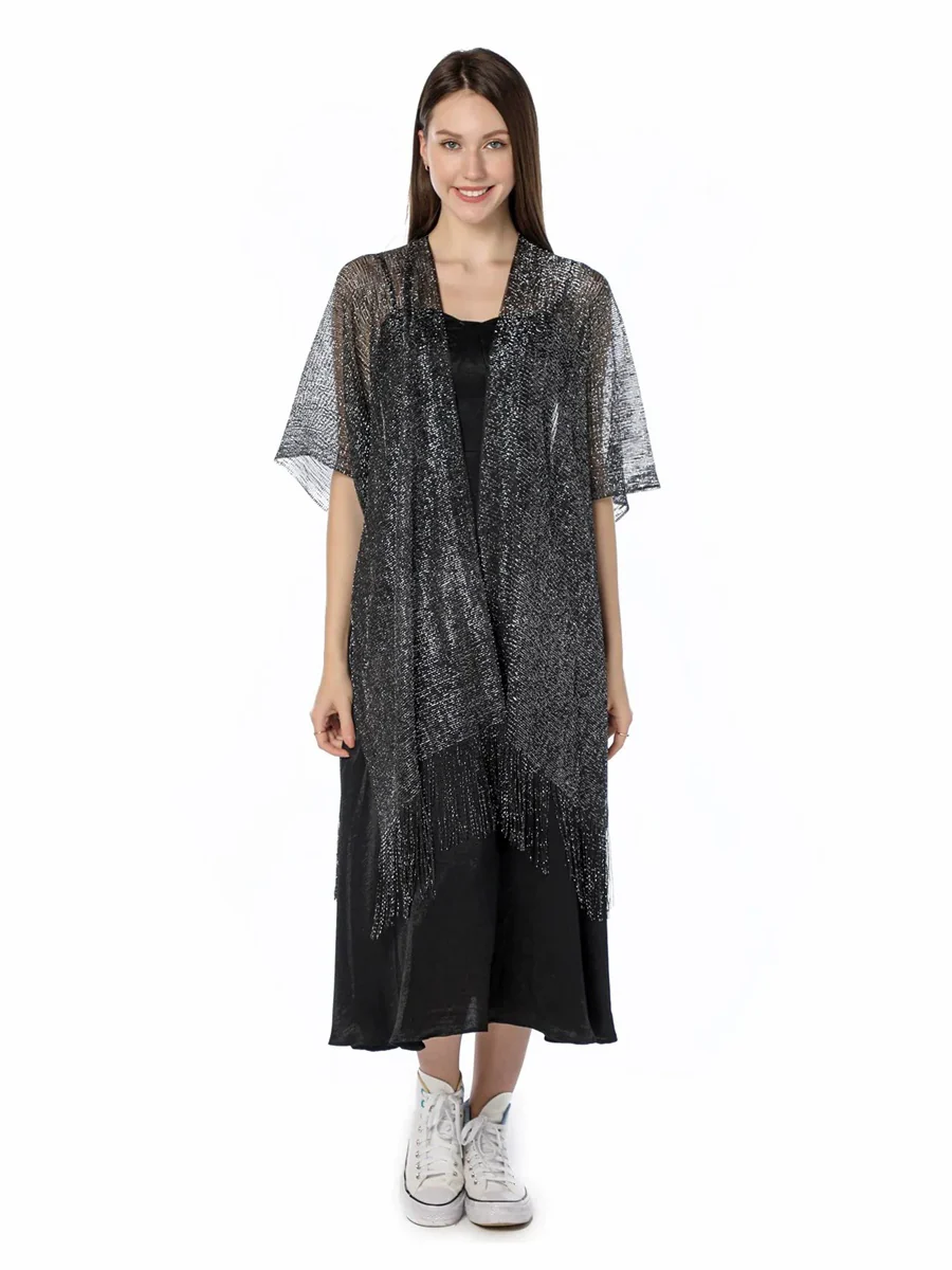 Women's Sparkling Solid Colored Party Scarf Cape with Tassels - Image 11