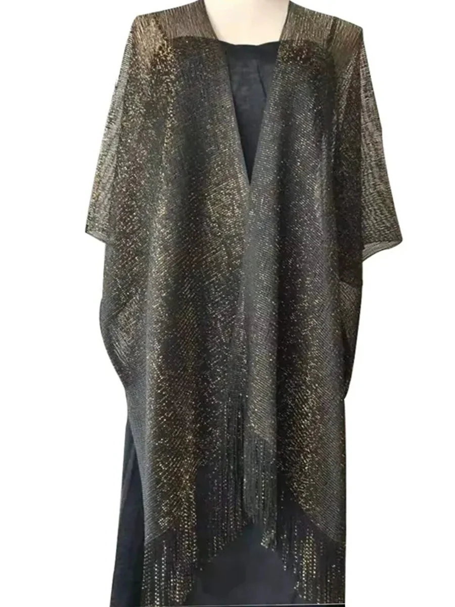 Women's Sparkling Solid Colored Party Scarf Cape with Tassels - Image 6