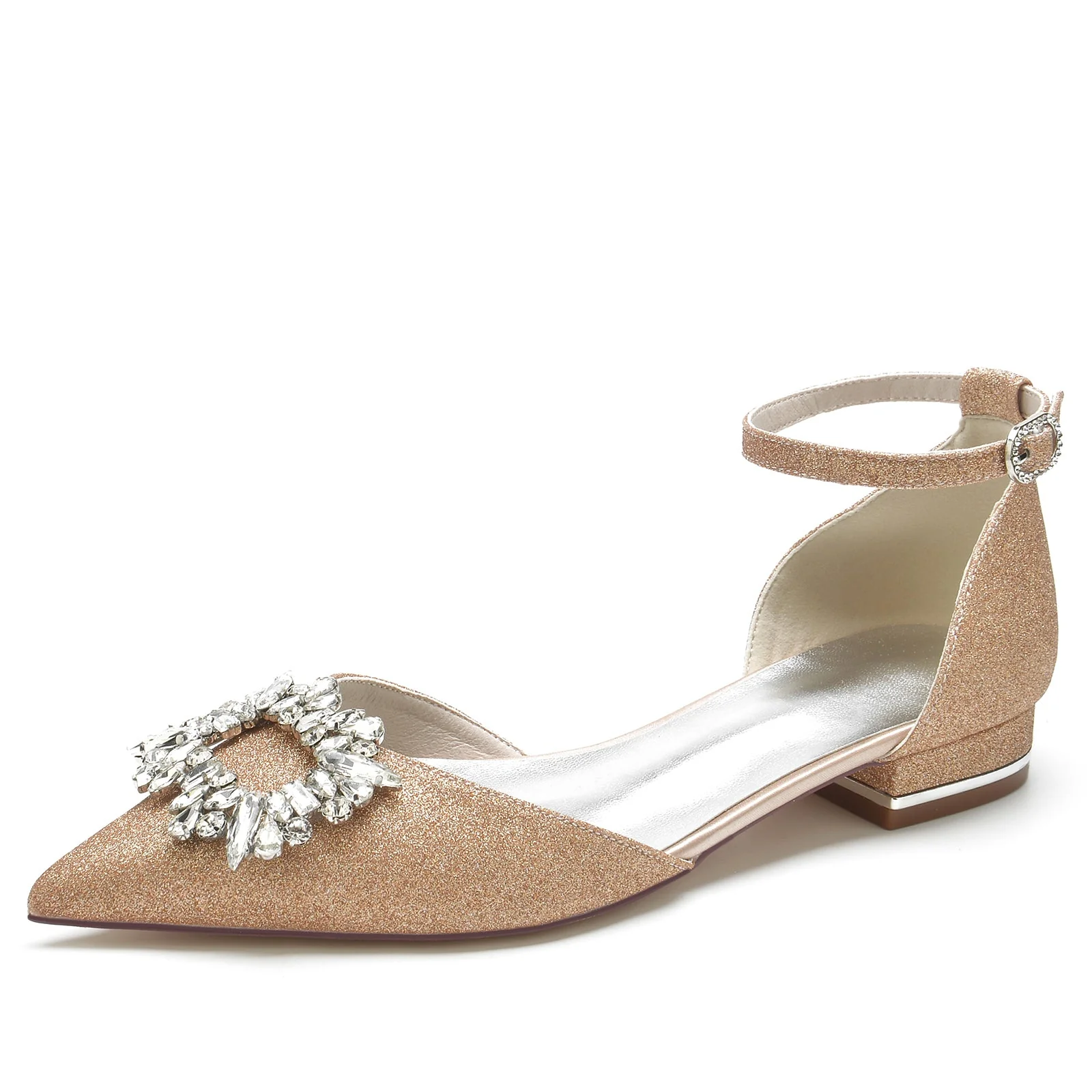 Women's Stretch Glitter With Rhinestone Ankle Strap Closed Toe Flat Heel Evening Shoes - Image 6