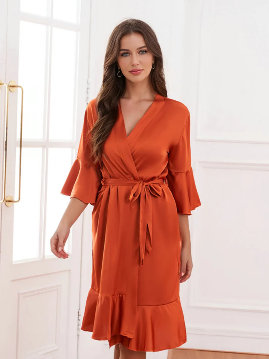 Women's V-Neck Half Sleeves Knee-Length Bridal Robes with Ruffles - Image 6