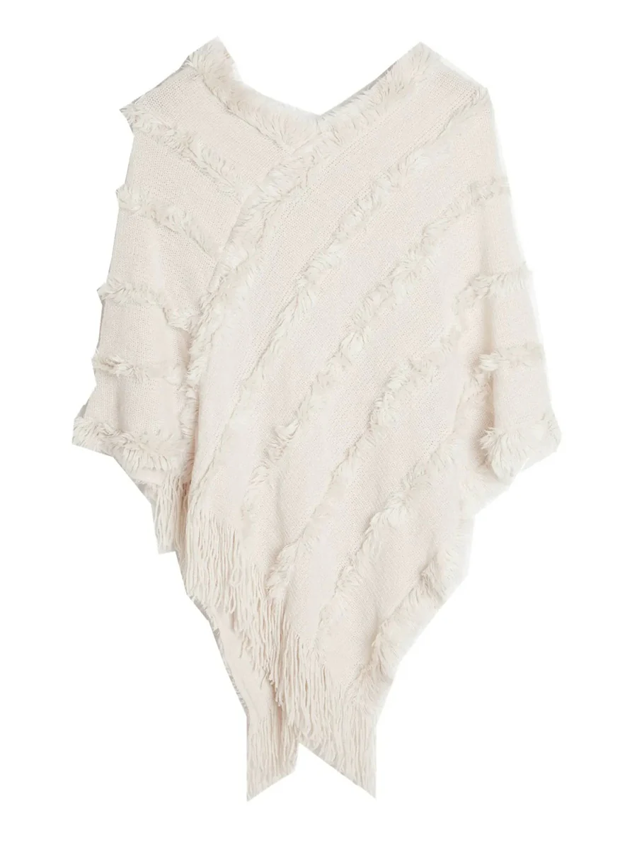 Women's Warm V-Neck Stylish Knitted Plush Fringed Shawl Cape - Image 2