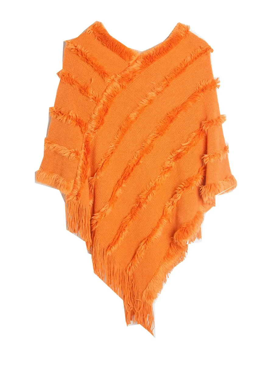 Women's Warm V-Neck Stylish Knitted Plush Fringed Shawl Cape - Image 3